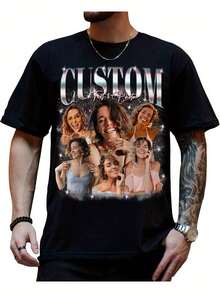 Custom Photo Bootleg Rap Shirt Vintage Graphic Tee With Girlfriend'S Face Customizable Design Casual Short Sleeve Regular Fit For Men Personalized Gift Idea Casual Wear Customizable Shirt Durable Casualwear Men Size S-3XL - 黑色 - 查看 1