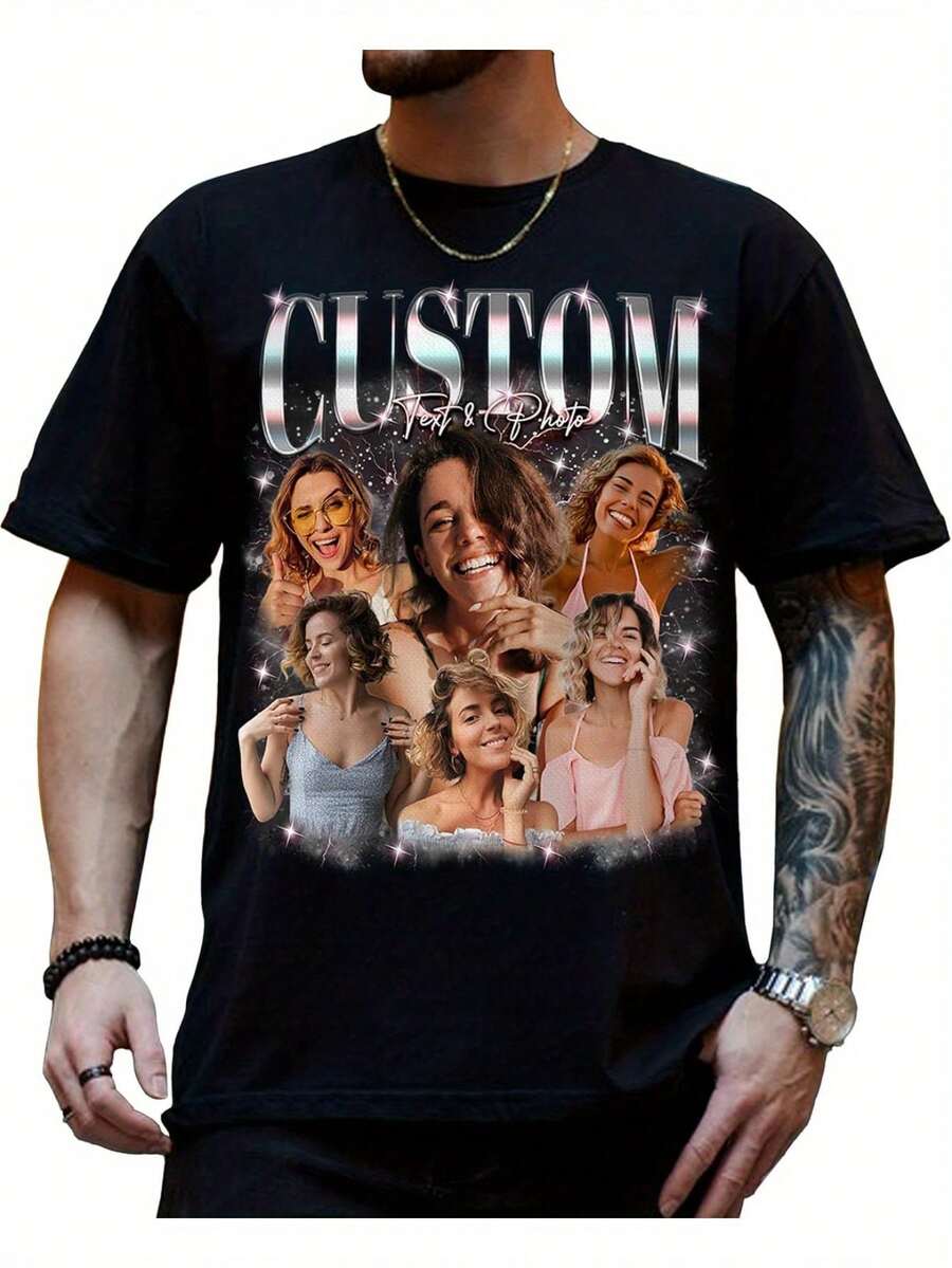 Custom Photo Bootleg Rap Shirt Vintage Graphic Tee With Girlfriend'S Face Customizable Design Casual Short Sleeve Regular Fit For Men Personalized Gift Idea Casual Wear Customizable Shirt Durable Casualwear Men Size S-3XL - 黑色 - 查看 1