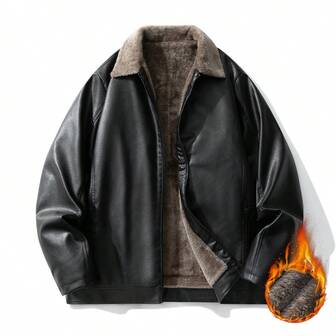 Herr Plus Size Långärmad Termofodrad PU-läderjacka, Svart Lapel Biker Motorcykel Konstläderjacka, Lämplig för höst/vinter, Grunge