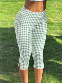 Women's Retro Skinny Fit Gingham Capri Pants With Delicate Lace Trim Side Slit Comfortable Cropped Trousers For Casual Daily Outfits - 綠色 - 查看 2