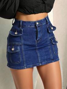 Falda corta vaquera cargo de tiro alto, diseño de múltiples bolsillos, versátil para uso casual - Azul Marino - Ver 1