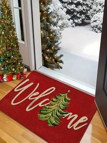 1pc Christmas - Welcome Home Christmas Tree Theme Doormat Rug - 900g/㎡ Soft Velvet, Machine Washable, Durable, Stain Resistant, Quick Drying, Suitable For Indoor/Outdoor Doormats, Home Decor, Bedroom, Kitchen, Photography, Prop, Outdoor Decor Gifts, Holiday Gifts, Area Rugs, All Season