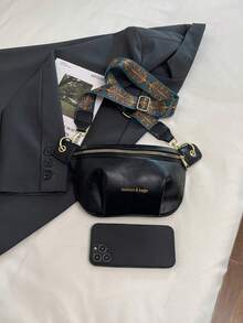 [Chic 2025 时尚单肩包] 深棕色/黑色几何印花宽肩带斜挎包 - 2025 女士时尚单肩包 - 耐用 PU 配涤纶衬里，都市复古风格新时尚大容量高端韩版休闲简约轻便百搭，复古休闲复古风格，字母印花，可调节肩带，女士单肩斜挎包手提包