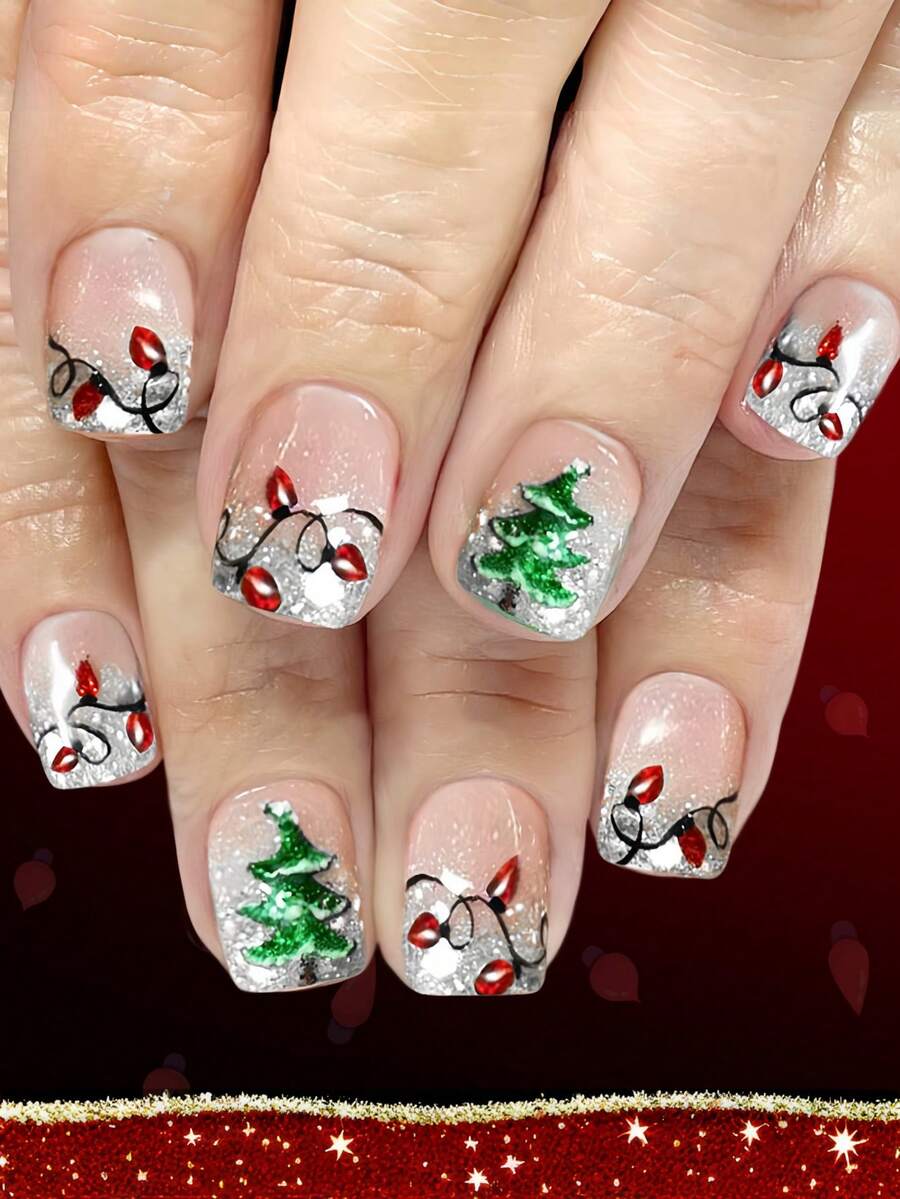 24pcs Short European-Style Square False Nails, Christmas Short Shiny Square Armor With Rattan Light Christmas Tree Glitter Nails, Full Coverage Removable Nail Set, Suitable For Parties, Dances, And Everyday Wear. - Multicolor - View 1