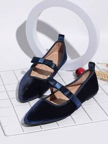 Women's Fashion Velvet Mary Jane Shoes With Bow, Navy Blue Slip-On Pointed Toe Flats, Comfortable Soft Sole For Outdoor And Indoor Wear, Suitable For Dresses In All Sizes - Màu xanh hải quân - Xem 1