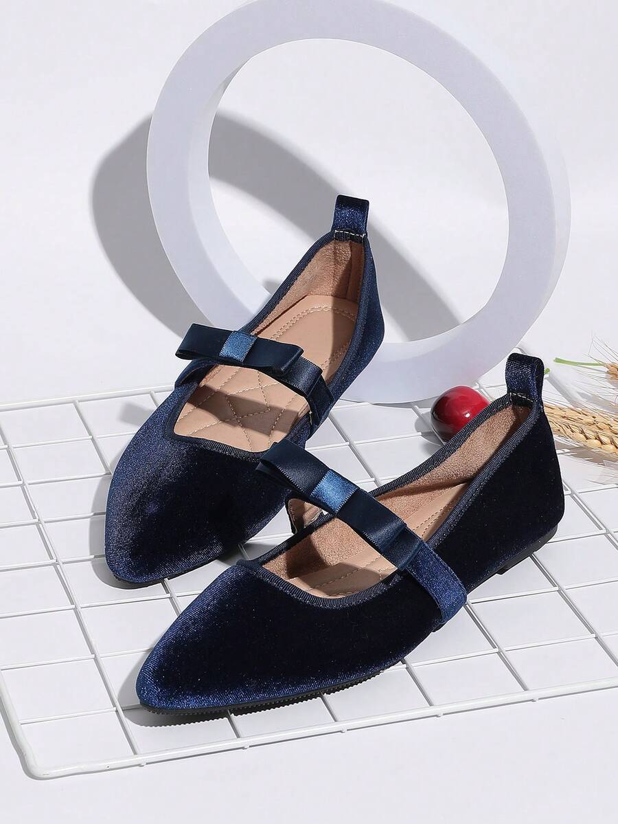 Women's Fashion Velvet Mary Jane Shoes With Bow, Navy Blue Slip-On Pointed Toe Flats, Comfortable Soft Sole For Outdoor And Indoor Wear, Suitable For Dresses In All Sizes - Màu xanh hải quân - Xem 1