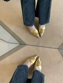 女士时尚尖头高跟鞋，优雅穆勒鞋，猫跟鞋 - 金色 - 查看 5