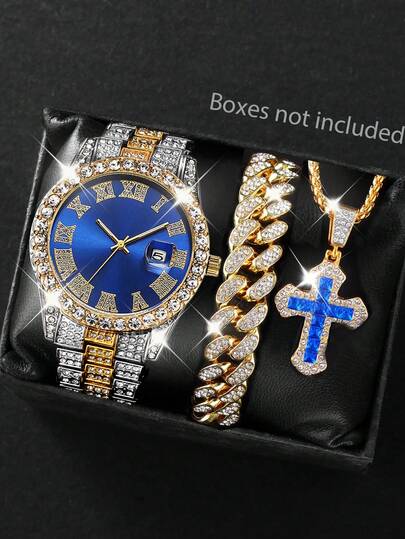 3-Piece Set: Men's Hip Hop Quartz Watch With Round Dial, Calendar, Zinc Alloy Case & Strap, Quartz Movement; Includes Cross Pendant Necklace And Chain Bracelet, Fashion Accessory Gift Set