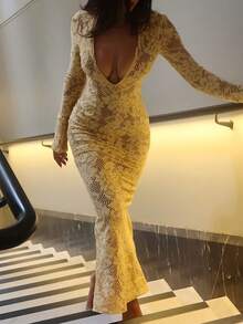 魅力优雅性感假日约会极简派对长袖蕾丝边V领紧身连衣裙 - 黃色 - 查看 8