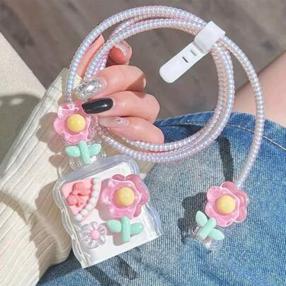 5pcs Wave Transparent Flower TPU Charging Adapter Protective Case, Compatible With Apple 18W/20W Fast Charger Cable Organizer