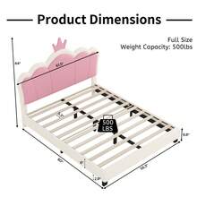 Full Size Upholstered Princess Bed With Crown Headboard For Girls, Full Size Platform Bed With Headboard And Footboard, White + Pink