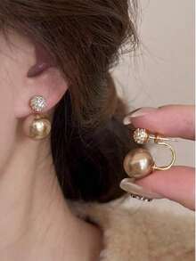 Topshiny 1 Pair Elegant Korean Champagne Pearl & Rhinestone Stud Earrings, Suitable For Daily Outfit And Party Accessories - Nhiều màu - Xem 3