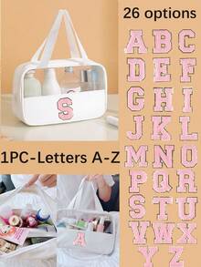 1個透明PVC化妝工具盥洗包，字母化妝包，防水便攜雪尼爾字母拉鍊化妝收納包，極簡主義首字母貼片旅行盥洗包，適合女性 - 白色 - 查看 6