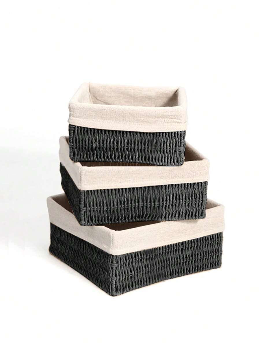 3 قطع/1 قطعة سلة تخزين مكتبية مصنوعة يدويًا من الخوص، صينية للمكياج والمفاتيح والوجبات الخفيفة، منظم للغرفة المعيشية، منظم للغرفة والمكتب والمنزل، سلة تخزين ديكور منزلي، وهدية عيد الحب - الأسود - مشاهدة 1