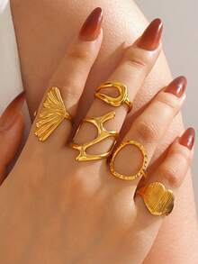 5pcs Stainless Steel 18K Gold Plated Geometric Heart & Circle Ring Set, Fashionable Jewelry Suitable For Women's Daily Wear, Party, And Holiday Gifts - Multicolor - View 1