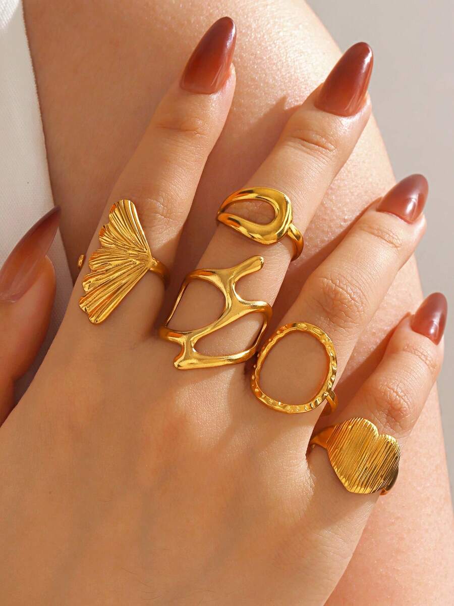 5pcs Stainless Steel 18K Gold Plated Geometric Heart & Circle Ring Set, Fashionable Jewelry Suitable For Women's Daily Wear, Party, And Holiday Gifts - Multicolor - View 1