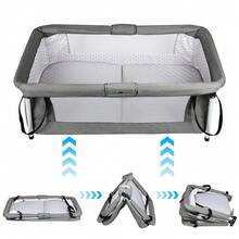 Travel Cot, Suitable For Baby Equipment At Home Or While Traveling, Portable, Foldable, Suitable For Newborns Up To 2 Years, Foldable Travel Cot, Side Bed, With Mosquito Net, 90*70*50cm - 灰色 - 查看 6