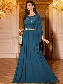 MIUSOL Đầm maxi dự tiệc trang trọng bằng chiffon, cổ tròn, tay cánh bướm, viền bèo nhún, đính sequin và ren hoa. - Màu xanh bụi bặm - Xem 7