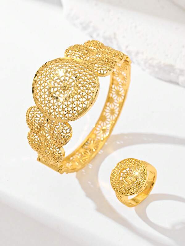 22K Gold Plated Vintage & Minimalist Luxury Women Bracelet Ring Jewelry Set, Made Of Copper Material, Exquisite Design, High-Quality Craftsmanship, Durable, Suitable For Women's Daily Casual Matching, Wedding, Party, Holiday Gift