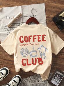 Women's New Casual Coffee & English Print Round Neck White Short Sleeve T-Shirt, Simple & Versatile, Suitable For Daily Wear