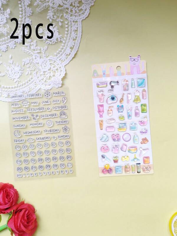 2Pcs Stamp Transparent Handmade Stamps Weather Date Month Seal Sticker DIY Decorative Scrapbooking Cute Student Supplies PVC Seal Craft Stencil Album Card Make Decoration Sheet