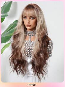 TOPSHE 26 Zoll langes, lockiges Ombre-Haar mit Pony, lockige Wellen, synthetische gewebte Perücken für Frauen, weiches, hitzebeständiges Kunsthaar, Alltag, Halloween-Kostüm, Halloween, Festivalgeschenk