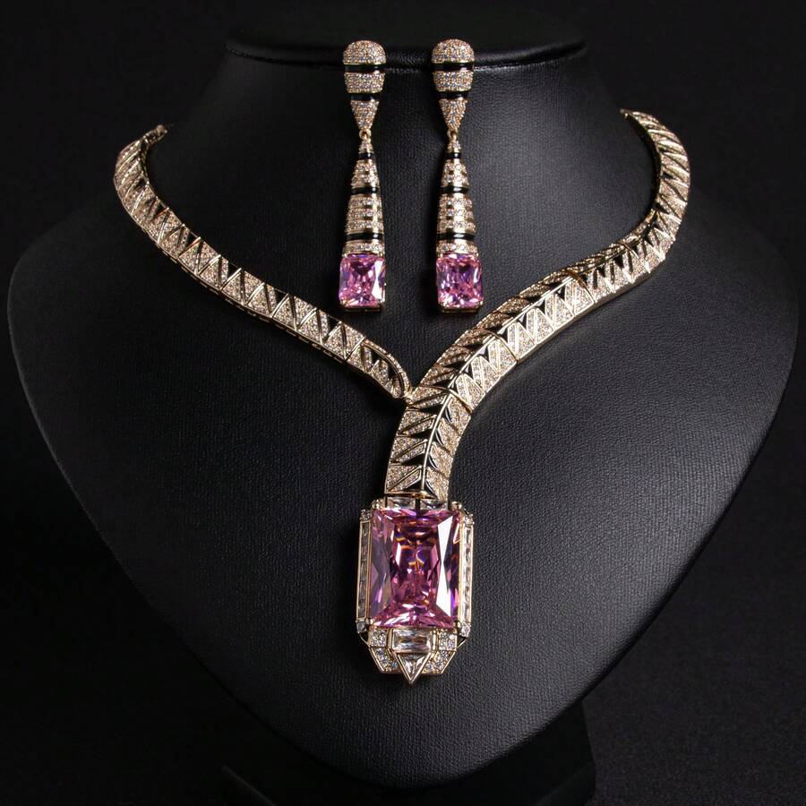 Set de 3 piezas de joyería de moda para mujer, con opciones de multicolor, zirconia de colores incrustados, artesanía de esmalte, pendientes, collar, set de joyería, adecuado para uso en vacaciones/fiestas | bodas/banquetes, set de joyería de moda para mujer/regalo