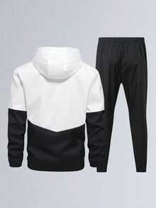 男士撞色运动套装（2件套），带帽印花外套，抽绳腰带，九分裤，适合休闲、户外运动、跑步、露营、徒步、骑行，春秋季穿着。 - 黑色 - 查看 4