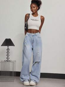 Blue Light Wash Straight Leg Ripped Boyfriend Jeans Daily Casual Outfit For Women Denim Long Pants Street Or School Wear