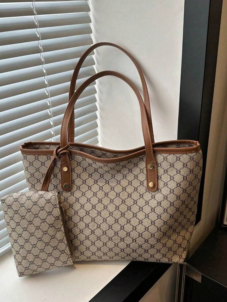 Vintage 2er-Set Blumen Karomuster Tragetaschen - Minimalistische Mutter-Kind Taschen, geeignet für Ausflüge, Reisen und Straßenmode - markantes Karomuster Tragetasche - Khaki - Übersicht 1