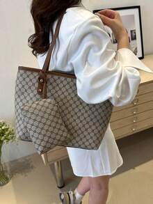 Vintage 2er-Set Blumen Karomuster Tragetaschen - Minimalistische Mutter-Kind Taschen, geeignet für Ausflüge, Reisen und Straßenmode - markantes Karomuster Tragetasche - Khaki - Übersicht 5