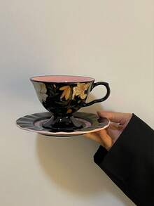 1 套复古法国百合花卉陶瓷咖啡杯和碟子，高品质优雅拿铁艺术杯，下午茶小众礼物 - 彩色 - 查看 15