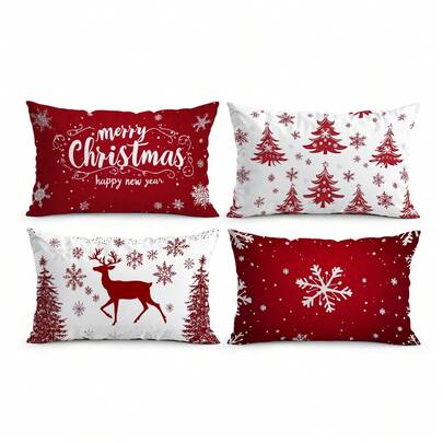 4 Stücke rote Weihnachts-Kissenbezüge ohne Füllung, einseitig bedruckte Kissenbezüge, geeignet für Wohnzimmer, Schlafzimmer, Heimdekoration, ganzjährig