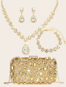 水钻珠宝闪亮项链耳环手镯套装，适合奢华信封手拿包，适合派对、浪漫婚礼、春夏链条单肩包、新娘包、正式舞会手拿包、优雅晚礼服包，非常适合派对婚礼舞会晚宴/宴会 - 金色 - 查看 10
