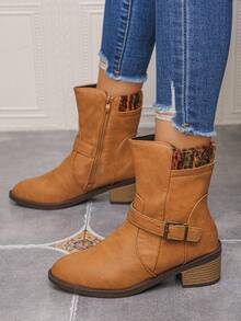 1 Pair Women's Autumn/Winter Fashion Boots, Pointed Toe Block Heel Short Boots, Knit Collar Western Style With Buckle And Side Zipper, Holiday