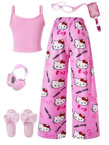Sanrio Modny, swobodny i uroczy dwuczęściowy komplet dla dziewcząt, autoryzowany przez Sanrio, składający się z kamizelki i spodni z nadrukiem Hello Kitty, odpowiedni do noszenia w domu latem
