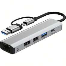 Hochgeschwindigkeits USB 3.0 5-Port Dockingstation mit 100Mbps Ethernet, Typ-C und USB-A Schnittstellen - Aluminiumlegierung, geeignet für die Kompatibilität mit mehreren Geräten wie Laptops, Tablets und Handy