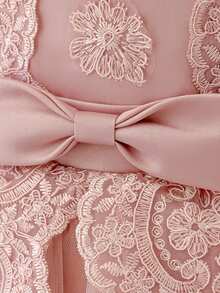 0-2岁女婴蕾丝泡泡袖迷你连衣裙，白色洗礼服，适合派对穿着 - 粉色 - 查看 7