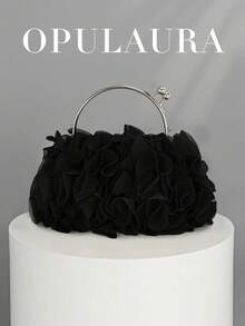 OpulAura 女士优雅花卉褶皱缎面手拿包 - 时尚雪纺花瓣手提包，配有链条肩带，适合新娘、婚礼、舞会、女生聚会、毕业派对、春晚、婚礼、鸡尾酒会和特殊场合 - 黑色 - 查看 4