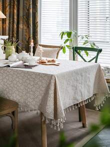 1 buc. Față de masă cu ciucuri, în stil pastoral francez, bej, cu imprimeu de crizanteme, husă de masă dreptunghiulară pentru măsuța de cafea, dulap TV, decor pentru casă