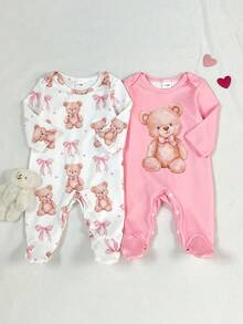 两件套女婴小熊蝴蝶结印花长袖连体衣套装，适合所有季节 - 彩色 - 查看 4