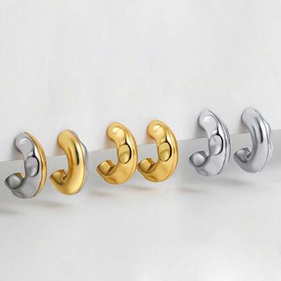 1 Đôi bông tai hình chữ C dày, phóng đại, mạ vàng và bạc, thiết kế 3D, trang sức giao thoa giữa châu Âu và Mỹ.