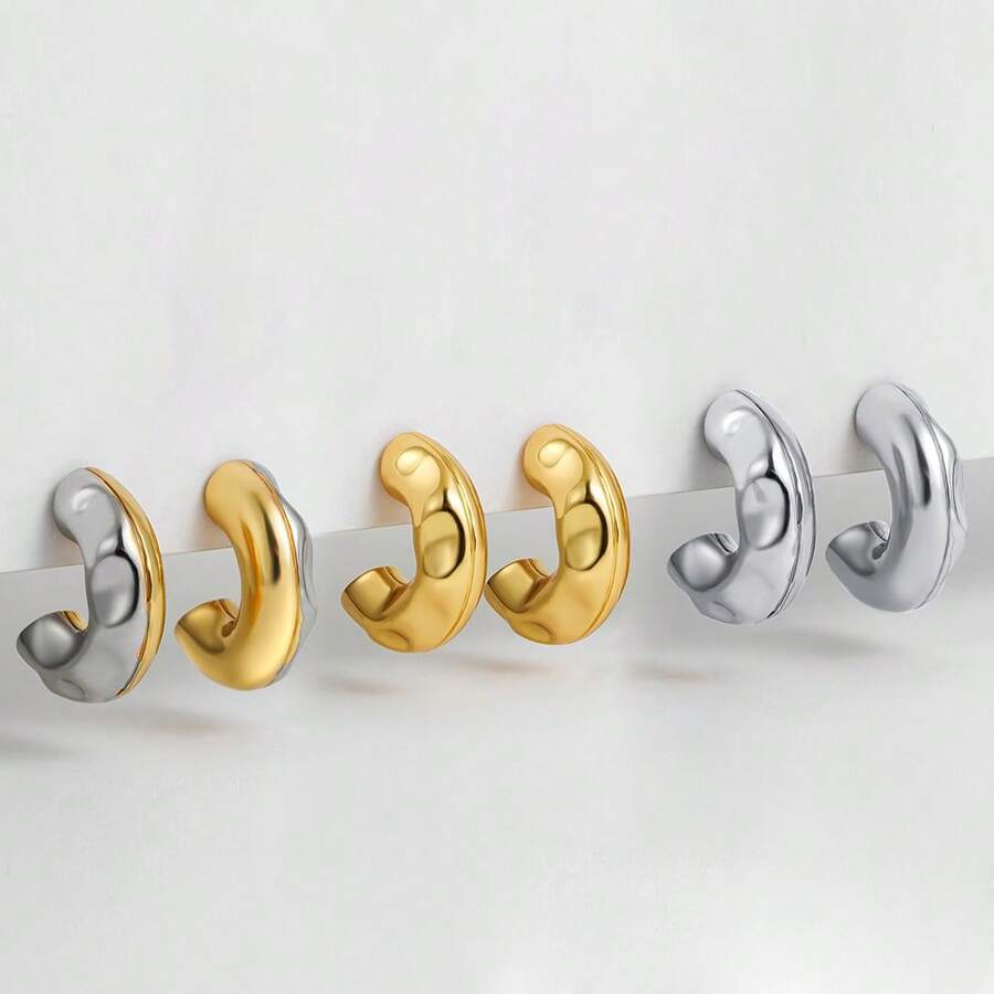 1 Đôi bông tai hình chữ C dày, phóng đại, mạ vàng và bạc, thiết kế 3D, trang sức giao thoa giữa châu Âu và Mỹ. - Hoa tai - Xem 1