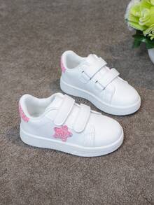 1 Pair Kids Versatile Hook And Loop Breathable White Sneakers With Embroidered Bow, Chinese Knot Decor, Fashion Casual Flat Shoes For Girls And Boys - 粉色 - 查看 4