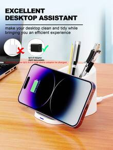15W Wireless Charger With Pen Holder & Phone Stand, Desktop Wireless Charger - White - View 3