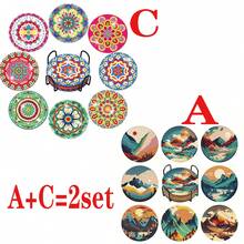 8 pièces/set Sous-verres de peinture de diamant, motifs paysages, avec support de tasse en fer - Multicolore - Voir 12