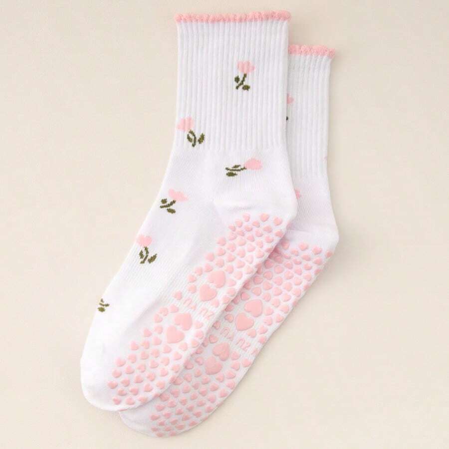 Women's Yoga Socks, Non-Slip Pilates Socks, Soft & Comfortable Moisture-Wicking Durable Socks With Minimalist Floral Pattern, Suitable For All Seasons