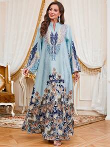 Đầm dài tay cổ chữ V đính cườm, in họa tiết jacquard, kiểu dáng cổ điển thanh lịch thường ngày dành cho nữ dịp Eid Al-Fitr & Eid Al-Adha, thích hợp cho mùa xuân. - Màu xanh nhạt - Xem 6