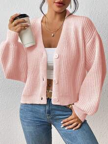 New Fashion Solid Color V-Neck Button Knit Cardigan For Women - Baby Pink - View 5