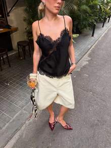 Women Satin Tops Y2K Lace Trim Camisole Asymmetrical Hem V-Neck Patchwork Tank Tops Spaghetti-Strap Backless Crop Tops Elegant Fashion Loose Cami Shirt Summer Blouse For Streetwear - 黑色 - 查看 6